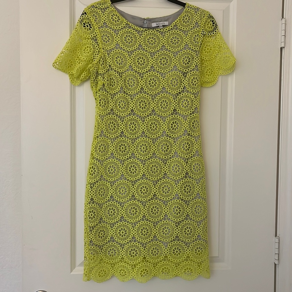 Bright lemon/lime colored lace cocktail dress!